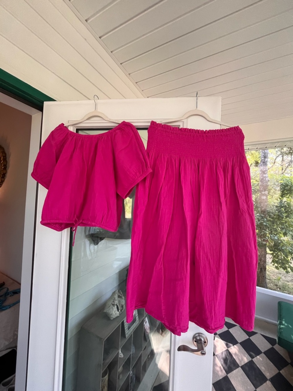 GAP Hot Pink 2-Piece Skirt Set | Smocked Midi Skirt (M) + Off Shoulder Top (L)